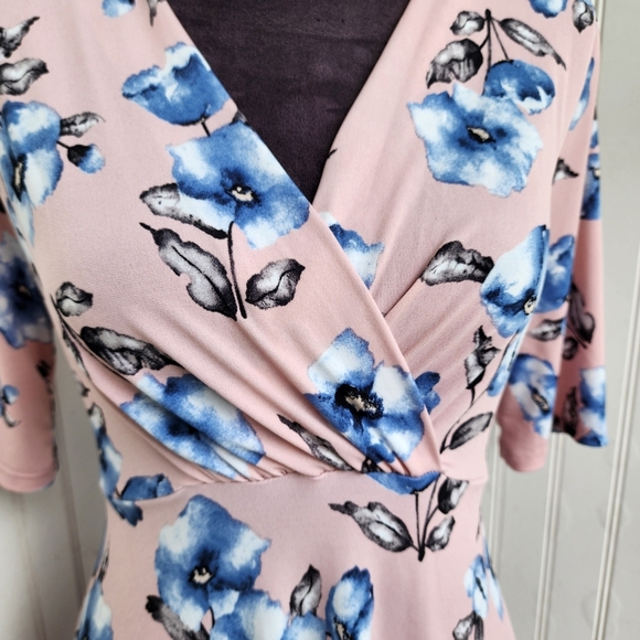 My Bump Pink Blue Floral Stretch Maternity Dress Short Sleeve Tie Back Large - Picture 3 of 12